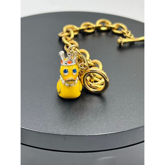 Betsey Johnson Gold Chain Charm Bracelet Yellow Rubber DuckCrown Pearl Designer - Picture 5 of 8
